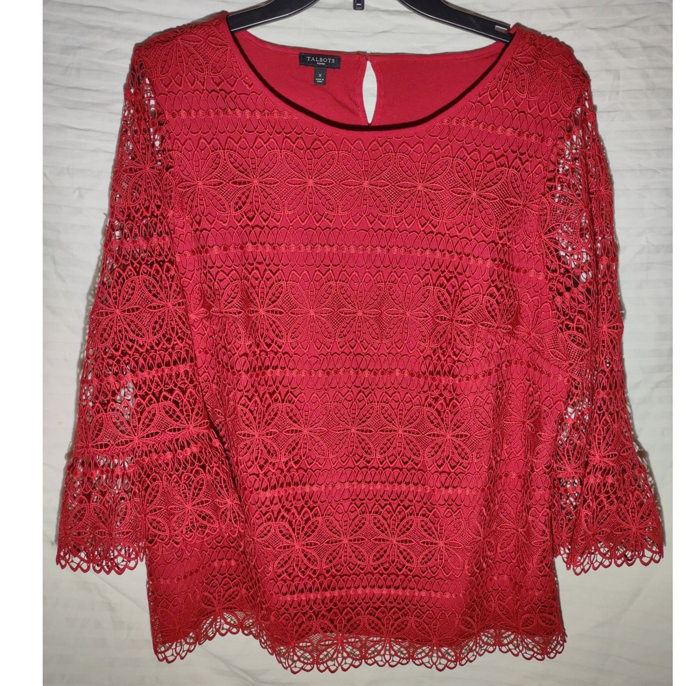 Talbots Woman Red Lace 3/4 Bell Sleeve Boat Neck Top XL